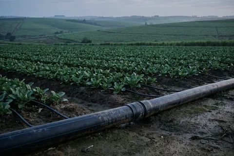 Black irrigation pipe running along a farm field.