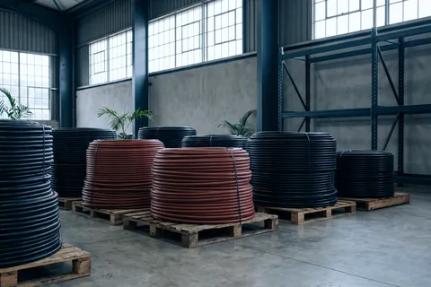 Coils of black irrigation pipe and red-brown water pipe on pallets.