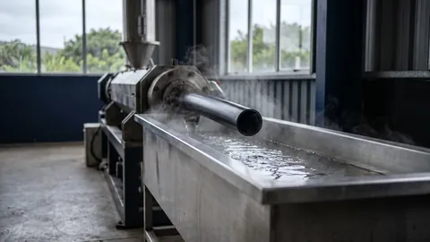 Plastic pipe coming off an extrusion line into a cooling trough.