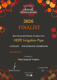 SAPRO Awards 2026 Finalist certificate: Best Recycled Plastic Product for HDPE Irrigation Pipe.