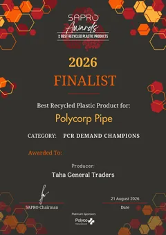 SAPRO Awards 2026 Finalist certificate: Best Recycled Plastic Product for Polycorp Pipe.